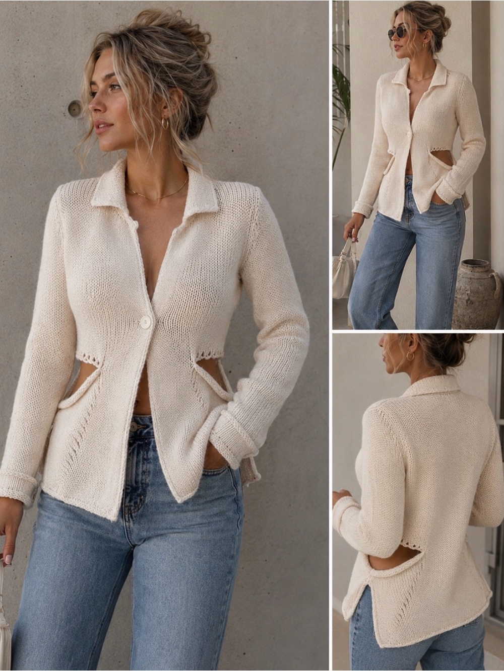 Beige Knit Shawl Collar Cardigan